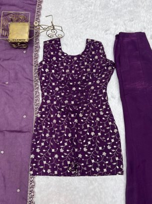 Crunchy Silk Fabric Wine Colour Palazzo Suit