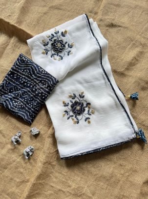Crunchy Silk Flower Hand Work Blue Colour Saree