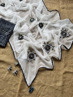 Crunchy Silk Flower Hand Work Blue Colour Saree