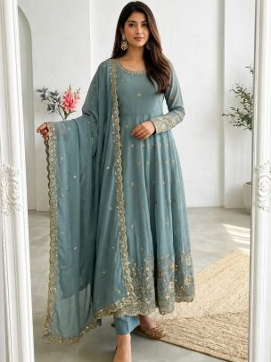 Crunchy Silk Sky Blue Colour Anarkali Suit