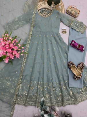 Crunchy Silk Sky Blue Colour Anarkali Suit