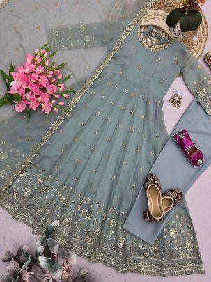 Crunchy Silk Sky Blue Colour Anarkali Suit