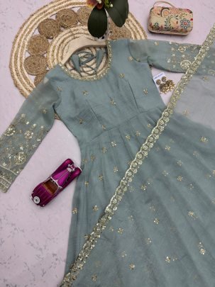 Crunchy Silk Sky Blue Colour Anarkali Suit