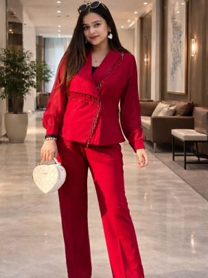 Crystal  Hand  Work  Red  Colour  Co ord Set