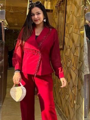 Crystal  Hand  Work  Red  Colour  Co ord Set