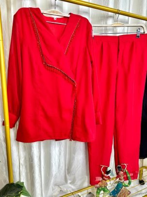 Crystal  Hand  Work  Red  Colour  Co ord Set