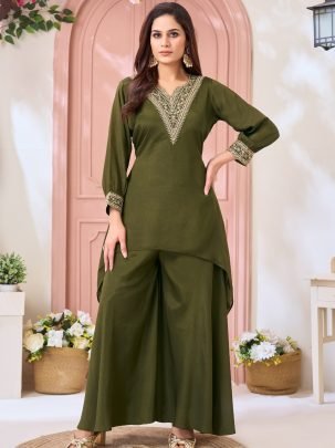 Daily Wear Mahendi Chinon Fabric Co ord Set