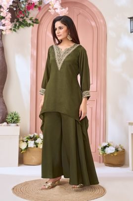 Daily Wear Mahendi Chinon Fabric Co ord Set