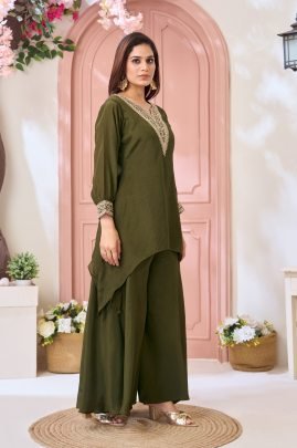 Daily Wear Mahendi Chinon Fabric Co ord Set