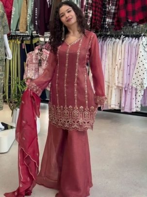 Rust Ornage Wedding Wear Beads Work Plazzo Suit Set