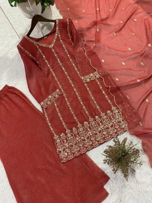 Rust Ornage Wedding Wear Beads Work Plazzo Suit Set