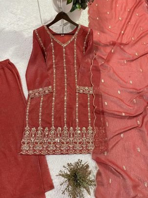 Rust Ornage Wedding Wear Beads Work Plazzo Suit Set