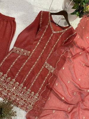 Rust Ornage Wedding Wear Beads Work Plazzo Suit Set