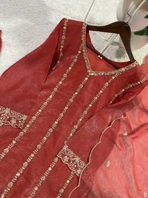 Rust Ornage Wedding Wear Beads Work Plazzo Suit Set