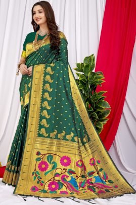 Delightful Green Paithani Saree With Pure Gold Zari
