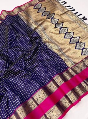 Design Dark Blue Soft Kanjivaram Silk Saree With Contrast Border