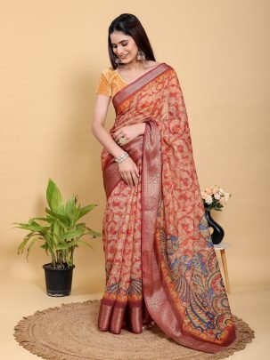 Designer Abstract Floral Printed Jacquard Linen Cotton Saree