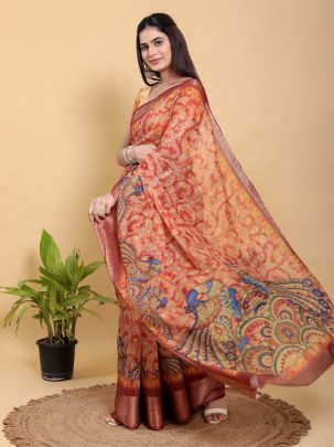 Designer Abstract Floral Printed Jacquard Linen Cotton Saree