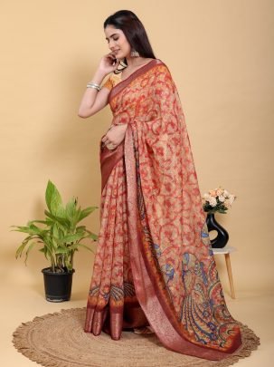 Designer Abstract Floral Printed Jacquard Linen Cotton Saree