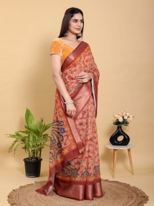 Designer Abstract Floral Printed Jacquard Linen Cotton Saree