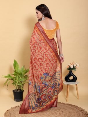 Designer Abstract Floral Printed Jacquard Linen Cotton Saree