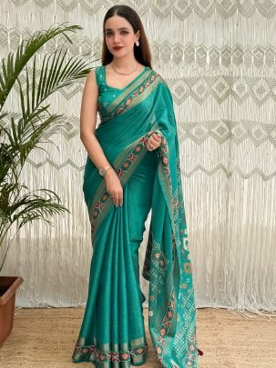 Designer Ajrakh Print Rama Colour Cotton Saree 