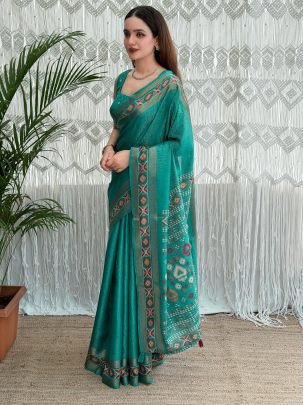Designer Ajrakh Print Rama Colour Cotton Saree