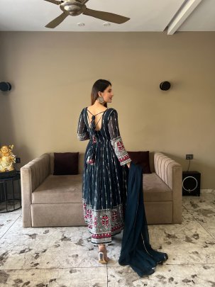 Designer Anarkali Style Georgette Gown Paired With Cotton Pants And A Dupatta