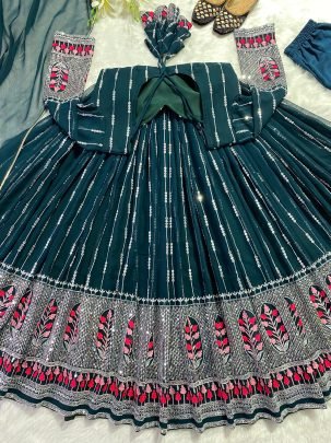 Designer Anarkali Style Georgette Gown Paired With Cotton Pants And A Dupatta