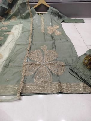 Designer Art Silk Thread Work Suit With Organza Dupatta