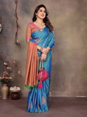 Designer Banarasi Handloom Silk Blue Saree With Matching Orange Blouse And Border