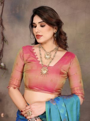 Designer Banarasi Handloom Silk Blue Saree With Matching Orange Blouse And Border