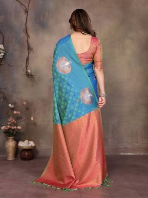 Designer Banarasi Handloom Silk Blue Saree With Matching Orange Blouse And Border