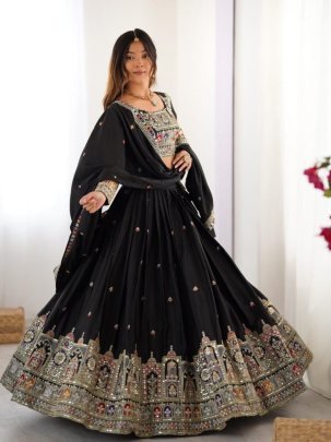Designer Black Embroidery Sequence Work Chinon Lehenga Choli