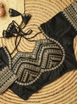 Designer Black Kesar Silk Blouse With Padding