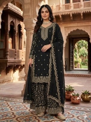 Designer Black Pure Gmy Silk Plazzo Suit With Sequence Coding Dori Work Dupatta
