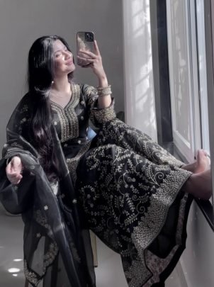 Designer Black Pure Gmy Silk Plazzo Suit With Sequence Coding Dori Work Dupatta