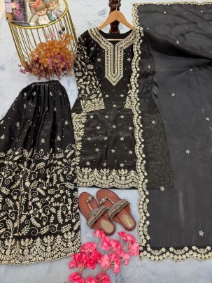 Designer Black Pure Gmy Silk Plazzo Suit With Sequence Coding Dori Work Dupatta