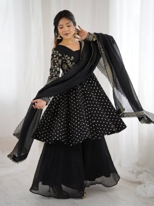 Designer Black Silk Embroidered Kurti Palazzo Set With Dupatta