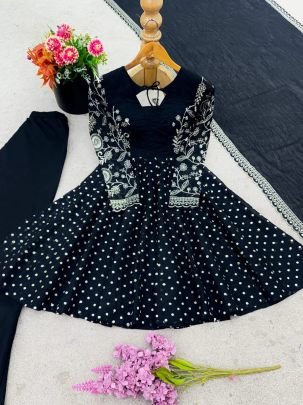 Designer Black Silk Embroidered Kurti Palazzo Set With Dupatta