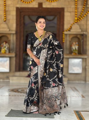 Designer Black Soft Paithani Silk Saree With Matching Blouse Piece
