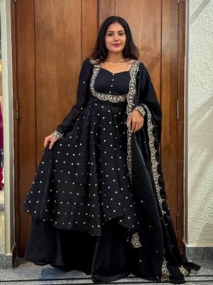 Designer Black Vichitra Silk Embroidered Sharara Suit