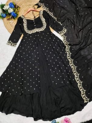 Designer Black Vichitra Silk Embroidered Sharara Suit