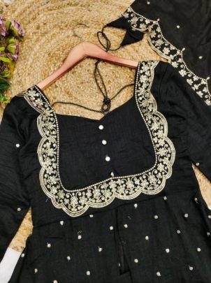Designer Black Vichitra Silk Embroidered Sharara Suit