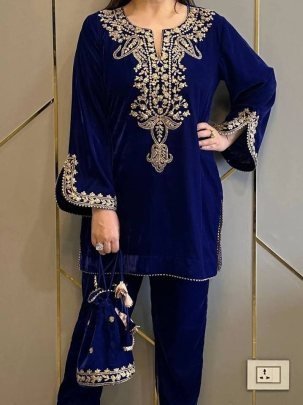 Designer Blue Heavy Viscose Velvet Embroidered Top And Bottom Set