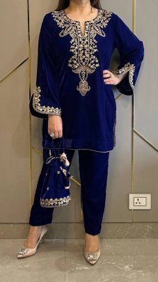 Designer Blue Heavy Viscose Velvet Embroidered Top And Bottom Set