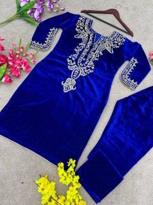 Designer Blue Heavy Viscose Velvet Embroidered Top And Bottom Set