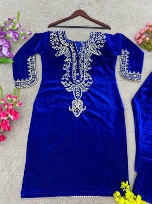 Designer Blue Heavy Viscose Velvet Embroidered Top And Bottom Set