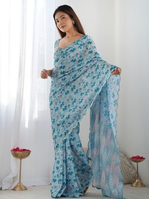 Designer Blue Silk Printed Saree With Matching Printed Blouse