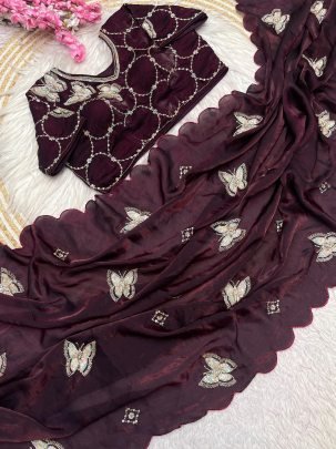 Designer Wine Fandy Satin Saree With Khatli Brits Work And Arco Border
